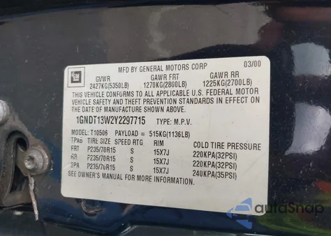 2000 Chevrolet Blazer Ls z USA, uszkodzony, nr VIN 1GNDT13W2Y2297715